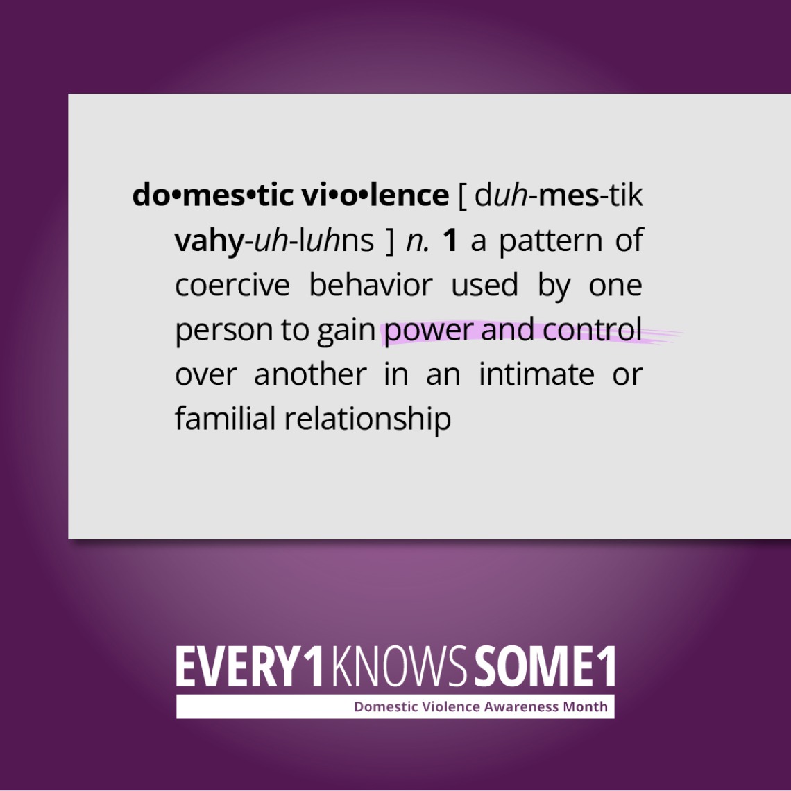 Against a purple background, black text in a light gray box reads: "do-mes-tic vi-o-lence [duh-mes-tik vahy-uh-luhns] n. 1 a pattern of coercive behavior used by one person to gain power and control over another in an intimate or familial relationship" with "power and control" highlighted in light purple. White Every1KnowsSome1 logo centered below the box.