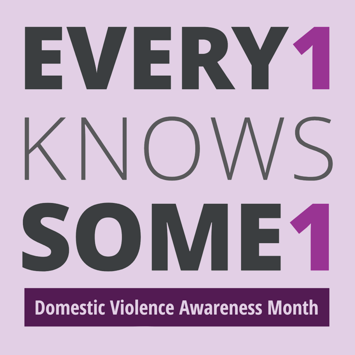 Against a light purple background, gray and pink text reads: “Every1KnowsSome1.” Below, light purple text in a dark purple box reads: “Domestic Violence Awareness Month.” 
