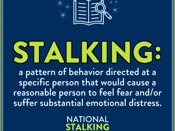 The definition of stalking in white text on a blue background.