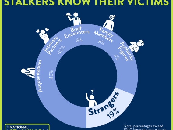 A graph showing that only 19% of stalkers are complete strangers to the victim.