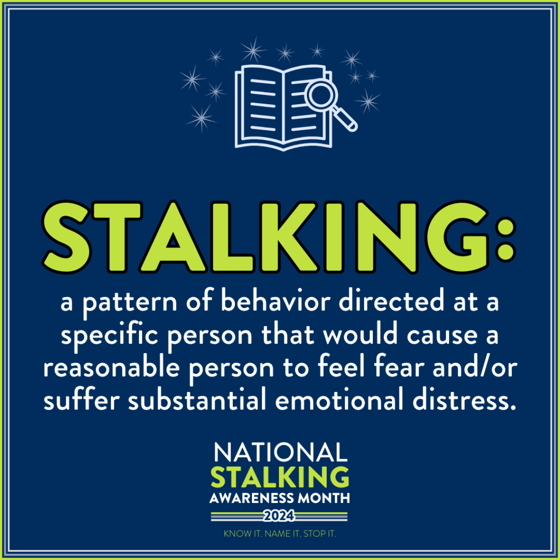 The definition of stalking in white text on a blue background.