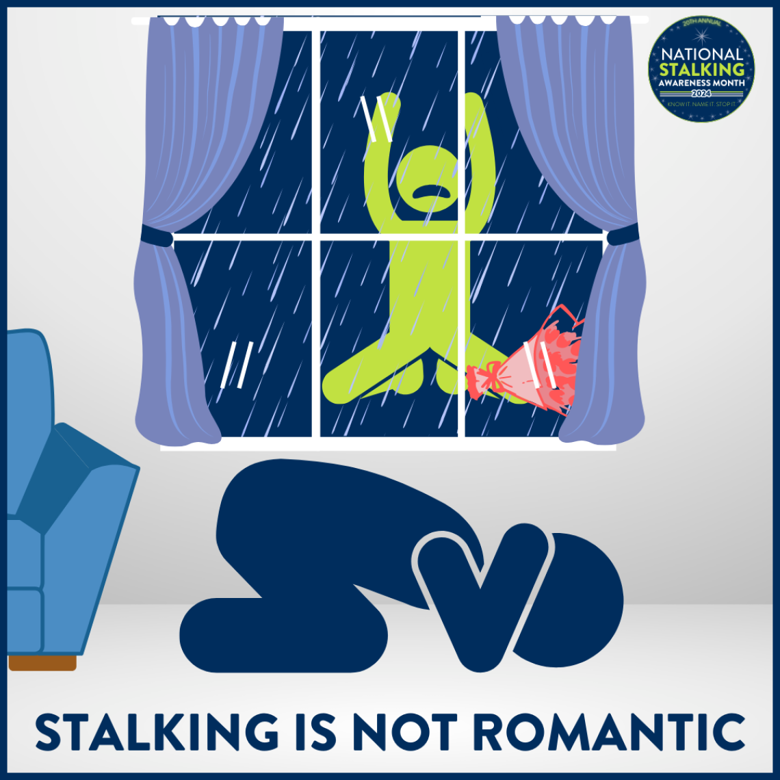 A stalker outside a window with the caption "Stalking is not Romantic."