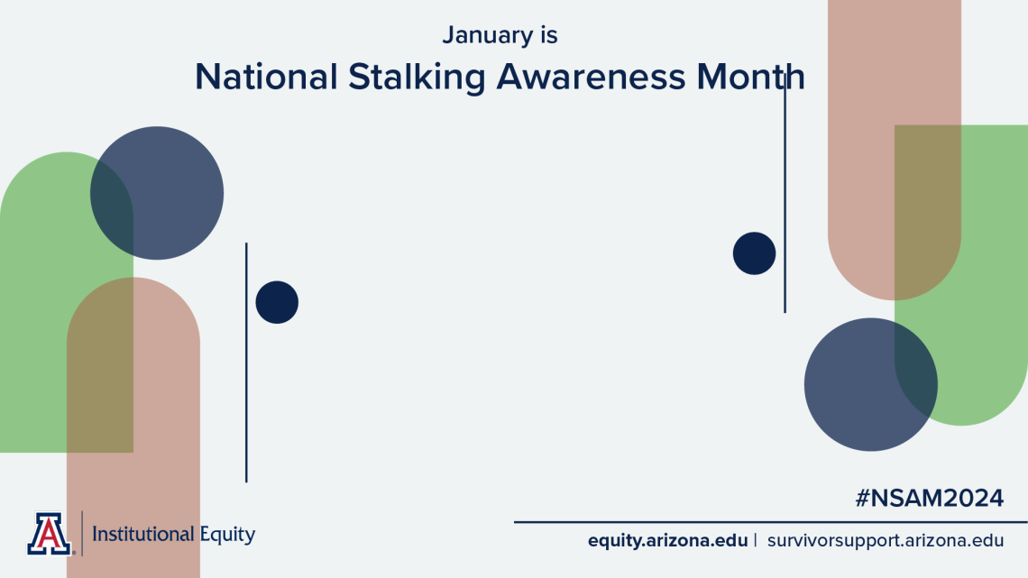 A gray background with different colored shapes decorating it. At the top and center it reads 'January is National Stalking Awareness Month.' In the bottom right corner of the document text reads "#NSAM2024, equity.arizona.edu, survivorsupport.arizona.edu."