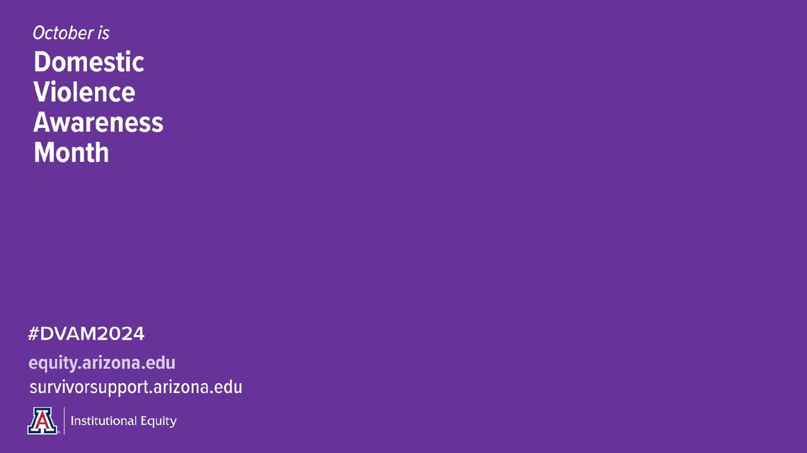 Solid purple background with text reading "October is Domestic Violence Awareness Month" and Institutional Equity contact info.