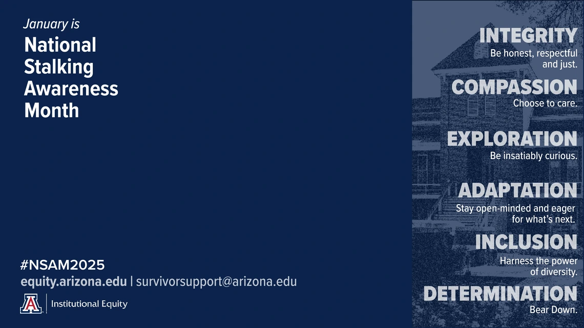 Navy Zoom background for January's National Stalking Awareness Month featuring university values like inclusion and integrity.