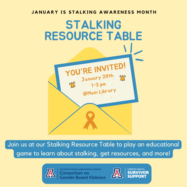 A flyer advertising a Stalking Resource Table at the Main Library on January 29th from 1-3 PM.
